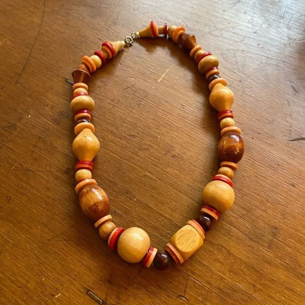 Vintage Wooden Beaded Necklace Red Accent Boho Statement Natural Wood Jewelry